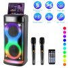 Portable Wireless Party Speaker with LED Light Wireless Mic Remote Control TWS Treble Bass Mic. Echo Music Accompany Mic. Priority Guitar In