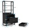 Home Office Lockable 2 Drawer Filing Cabinet Bookshelf in Black Wood Finish