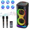 Portable Wireless Party Speaker with LED Light Wireless Mic Remote Control TWS Treble Bass Mic. Echo Music Accompany Mic. Priority Guitar In