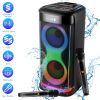 Portable Wireless Party Speaker with LED Light Wireless Mic Remote Control TWS Treble Bass Mic. Echo Music Accompany Mic. Priority Guitar In