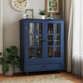 Minimalist Blue Buffet Cabinet with Double Glass Doors and Drawer, Modern Wooden Storage Sideboard Cupboard for Living room