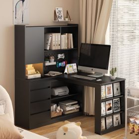 L Shaped Desk,Computer Desk with Drawers,Bookshelf & Hutch,with LED Light,Modern Corner Desk,Home Office Desk,L-Shaped Study Table Writing Desk
