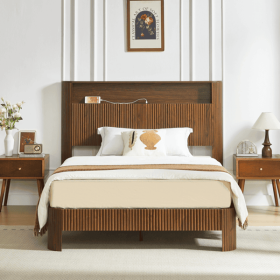 Full Extra Long(Full XL) Size bed frame with storage headboard, built-in charging station, wavy curved lines design, silent operation, metal supp
