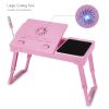 Foldable Laptop Table Bed Notebook Desk w/Cooling Fan Mouse Board LED light 4 x USB Ports Breakfast Snacking Tray with Storage Groove For Home Office