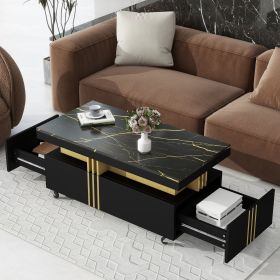 [VIDEO provided] ON-TREND Contemporary Coffee Table with Faux Marble Top, Rectangle Cocktail Table with Caster Wheels (Color: as Pic)