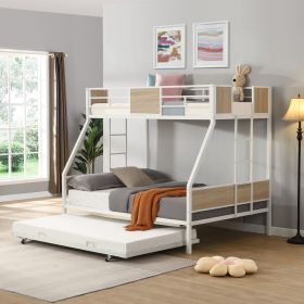 Twin Over FULL Metal Bunk Bed with Trundle 2 - Side Ladder and Full-Length Guardrail, No Box Spring Needed, Large Under Bed Storage, Easy Assembl (Color: Brown+White)